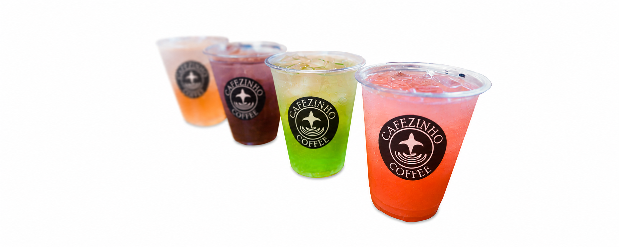 Four colorful Gia Energy drinks with Cafezinho Coffee logos